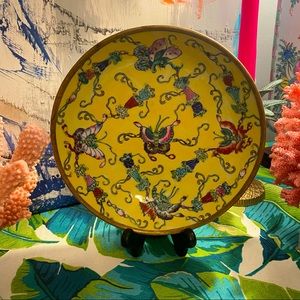 vintage butterfly chinoiserie celadon shallow bowl